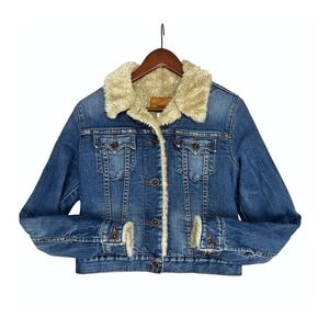 Vintage 2007 Levis Sherpa Lined Denim Trucker Jacket Womens Medium Short  Blue